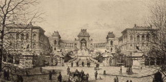 Gravure carte postale du Palais Longchamp